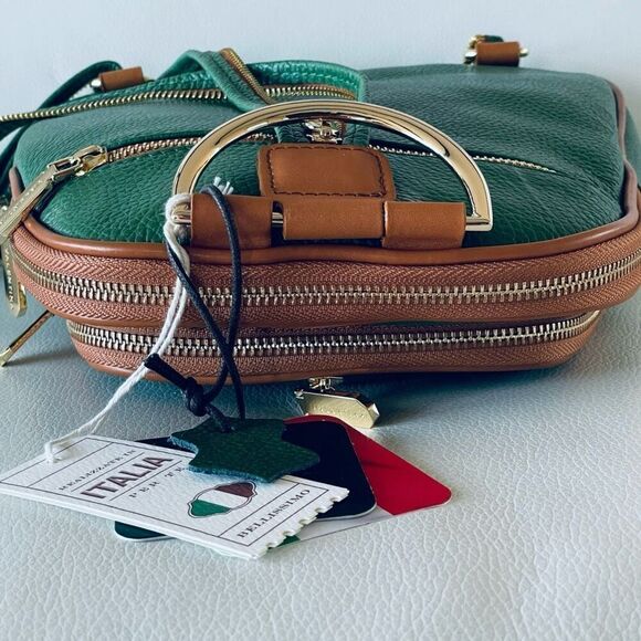 NWT Valentina Green Tan Italian Genuine Leather Convertible Sling Backpack Bag main image 10